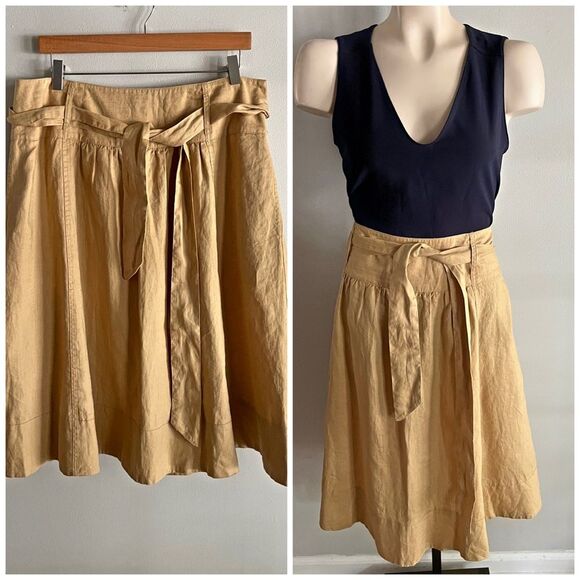 Jones New York Linen Midi Skirt Tan A-Line Belted High Waist Size 12 - Picture 1 of 8